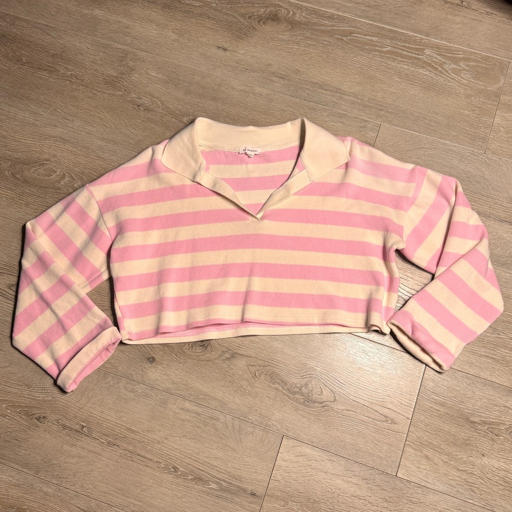 Blu Pepper Pink‎ Stripe Collared Crop Sweatshirt Pullover Womens Large L
